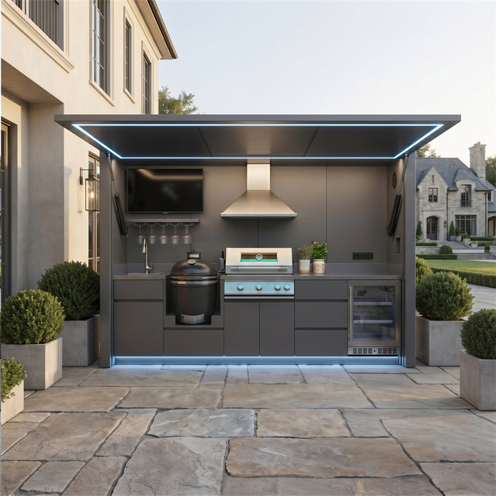 3.2m Easy Clean Hygienic SS304 Stainless Steel Outdoor Kitchen Shed Set – Charcoal Gray Cabinet Doors