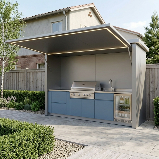 2.9m Excellent Wholesale Value SS304 Stainless Steel Outdoor Kitchen With Electric Door Shed – Blue Gray Cabinet Doors