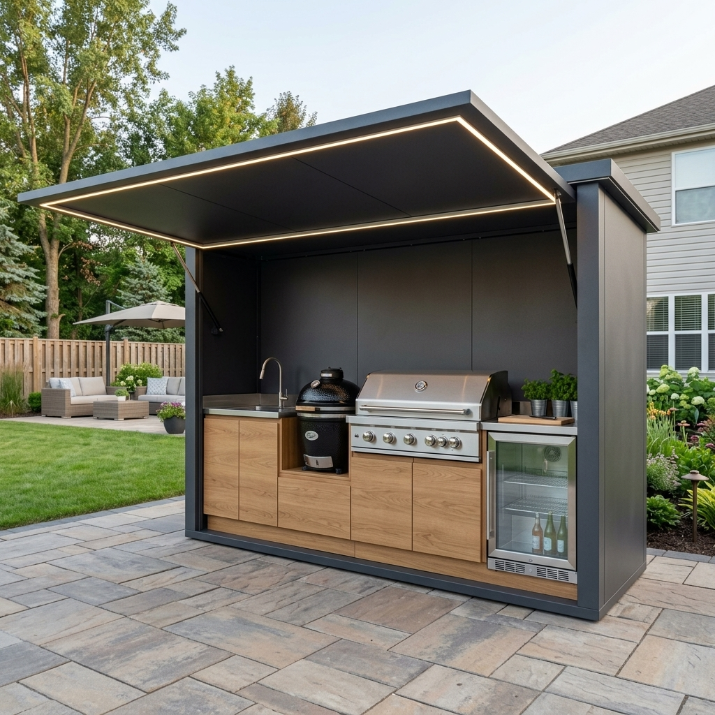 2.9m Premium Quality Guaranteed Stainless Steel Outdoor Kitchen With Shed – Natural Wood-Grain Cabinet Doors