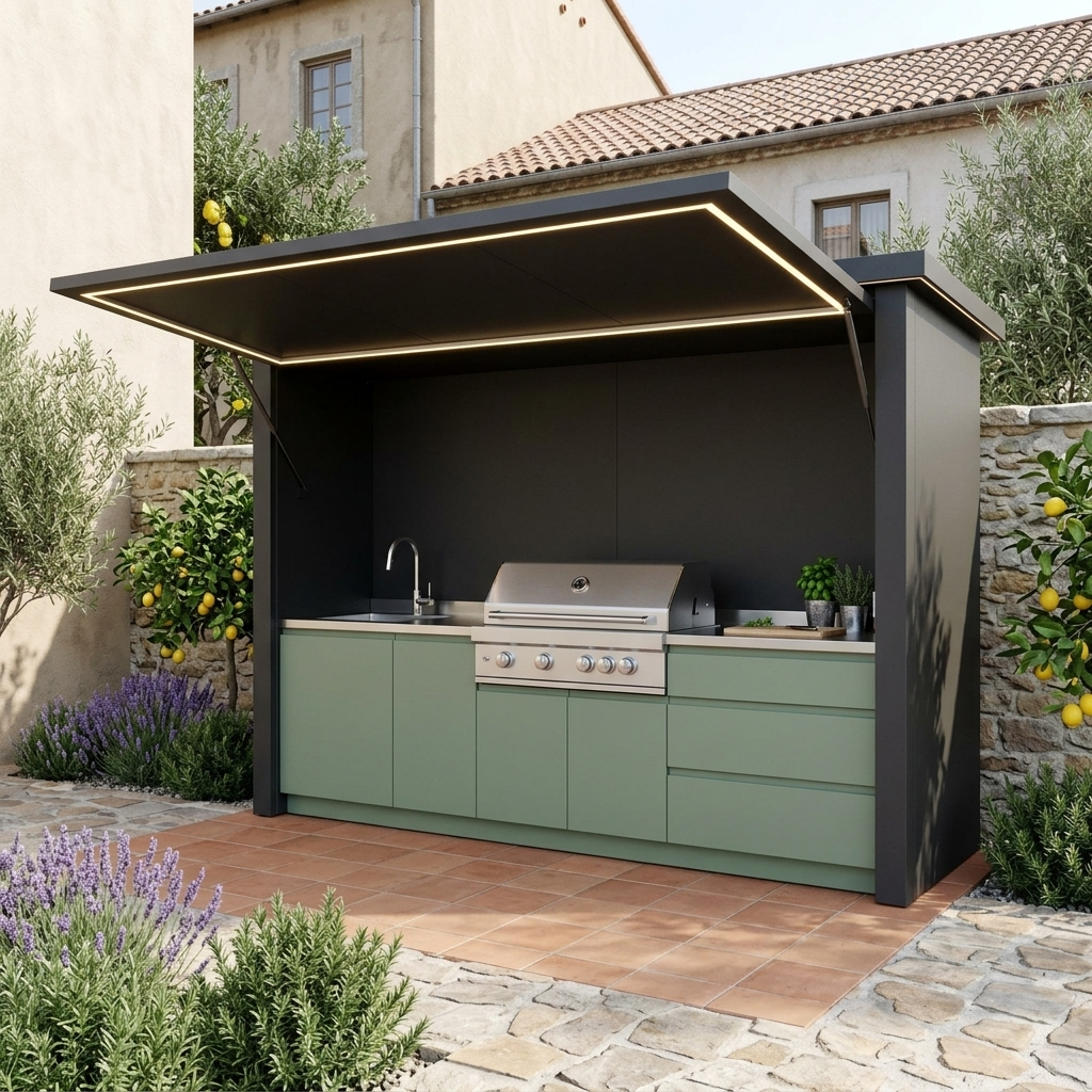 2.2m Entertainment Hub Centerpiece 304 Stainless Steel Outdoor Kitchen Pod – Sage Green Cabinet Doors