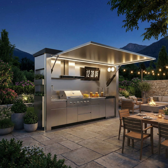 All Season Use 304 Stainless Steel Outdoor Kitchen With Shed Zero Formaldehyde Construction