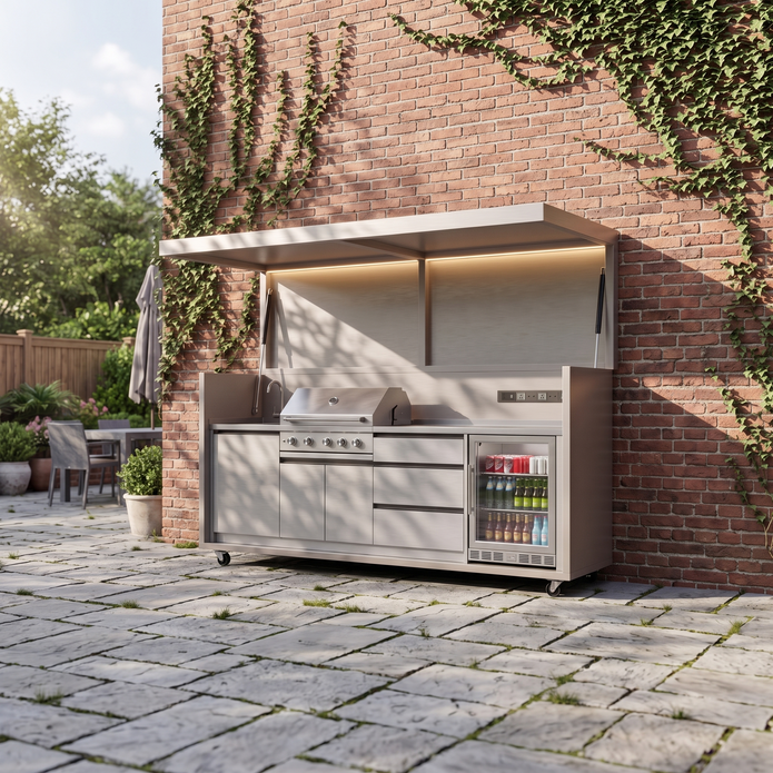 Fold-Open Outdoor Kitchen Pod – 2.9m – White Cabinet Doors