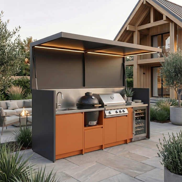 Fold-Open Outdoor Kitchen Pod – 3.5m – Terracotta Cabinet Doors