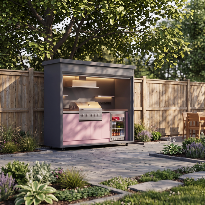 Roller-Shutter Outdoor Kitchen Pod – 2.2m – Pink Cabinet Doors